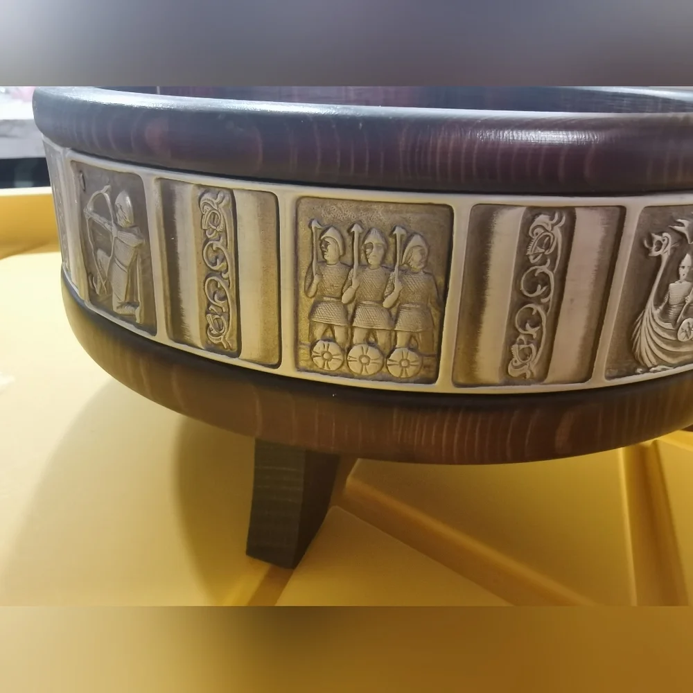 Vintage Hardanger Tredesign Norwegian Wood Bowl w/feet Pewter Viking Folk Art - Picture 3 of 9